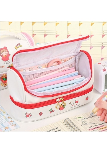 Geniş Kapasiteli Çift Bölmeli Şık Ve Dayanıklı Okul Ve Ofis Kalem Kutusu Beyaz