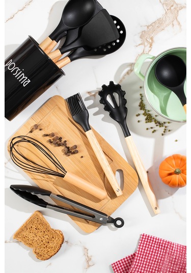Porsima 3165 Standlı Bambu Silikon 11 Parça Servis Takımı Seti Siyah