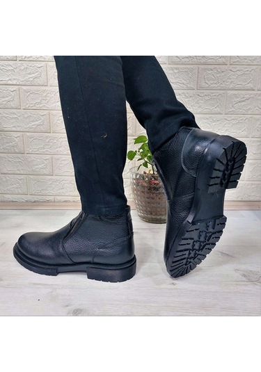 M.p 4204 Siyah Hakiki Deri Bağacaksız Fuspetli Sıcak Astar Erkek Bot 001