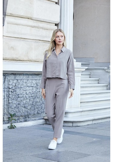 Kadın Likrasız Modal Kumaş Uzun Kol Hafif Kısa Gömlek-Duman Duman