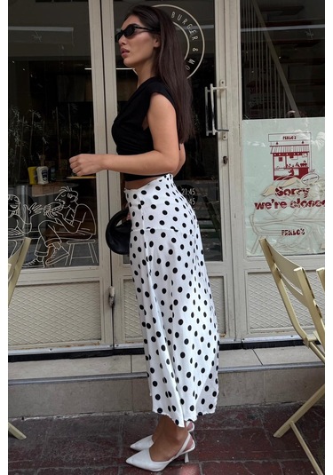 Madmext Beyaz Puantiyeli Asimetrik Kadın Etek Mg2785