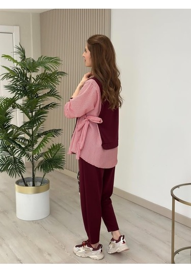 Kadın Gömlek Detay Çizgili Yandan Bağlamalı Ikili Takım Bordo