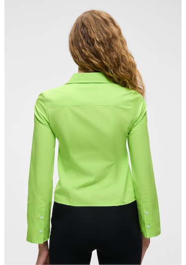 GRINNE Kadın Slim Gömlek Yaka Uzun Kollu İnce Uzun Fıstık Yeşili Gömlek