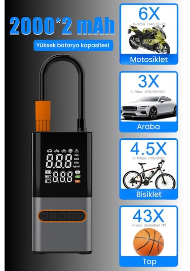 Hava Kompresörü 4000 Mah 4ın1 Şarjlı+araç Taşınabilir Araç Lastik Top Şişirme Pompası Oto Siyah