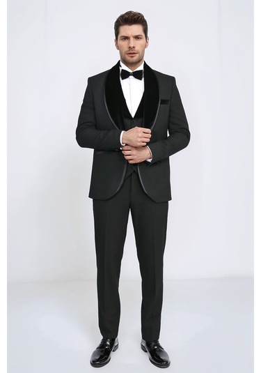 Klasik Kadife Yaka Siyah Smokin Takım - Wessi Siyah