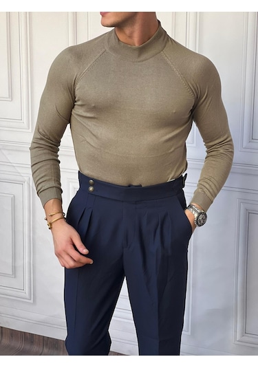 Modefendi Slimfit Kalıp Pamuklu Triko Yarım Balıkçı Triko Kazak Vizon