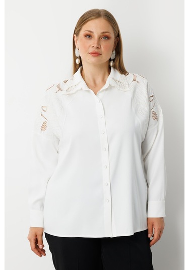 Moda İlgi Kadın Büyük Beden Nakış Detaylı Oversize Gömlek 0041 Ekru Ekru