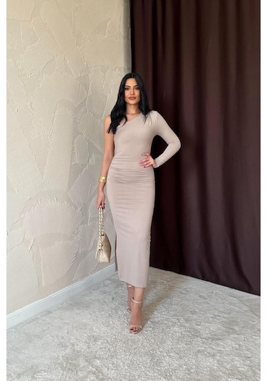 Bej Büzgü Detaylı Tek Omuz Elbise Bej
