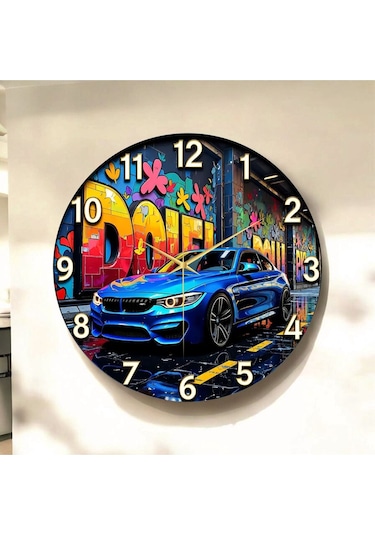 Araba Renkli Baskı Desenli Sayılı Hediyelik Ahşap Sessiz Tablo Duvar Saati 107 Renkli