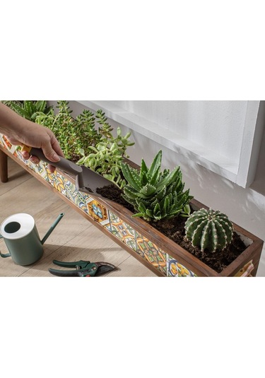 Halohope El Yapımı Ayaklı 10 Çinili Dekoratif Modern Ahşap Dikdörtgen Bahçe Balkon Saksı Saksılık Çiçeklik