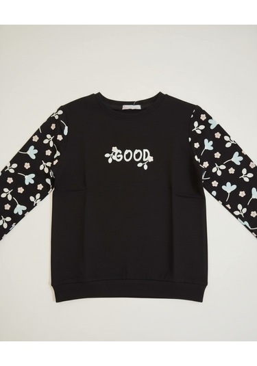 Kız Çocuk Çiçek Baskılı Sweatshirt SiYAH