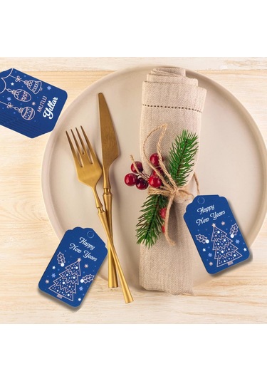 Yılbaşı Happy New Years Yazılı Hediye Etiketi, Çam Desenli Paketl