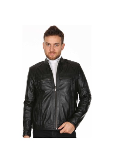 Hakiki Kuzu Derisi Erkek Casual Siyah Deri Mont Siyah