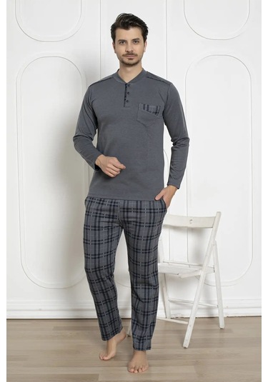 Erkek Ekose Desen Likralı Pamuk Uzun Kol Kışlık İnterlok Göğüs Cepli Pijama Takımı Füme