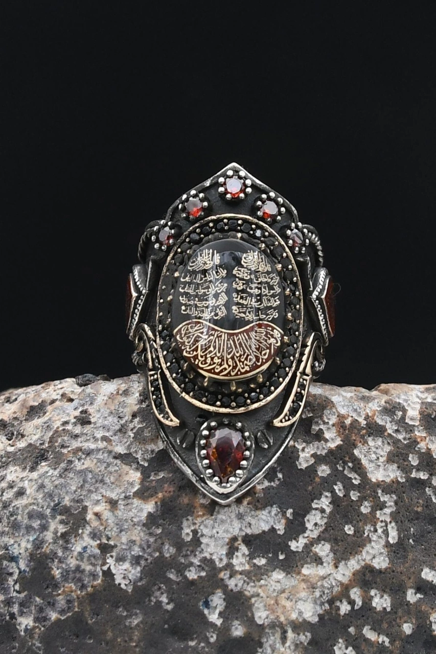 La Galibe Illallah Ve Nas Ve Felak Ve Ihlas Sureleri Yazlı Mineli Ayarlanabilir Zihgir 925 Ayar Gümüş Erkek Yüzük 902341 Gümüş