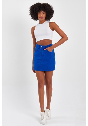 Kadın Çift Düğmeli Mini Kot Etek Saks-saks Saks Mavi