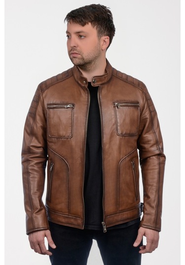 Derije Albert Hakiki Deri Erkek Taba Ceket-mont Taba