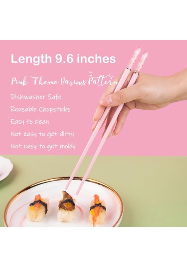 Ximistore9 5 Çift Pembe Cam Fiber Çubuk, Japon-kore Stili, Yeniden Kullanılabilir, Kaymaz, Bulaşık Makinesine Uygun, 9.6 İnç, 5 Farklı Desen Pembe