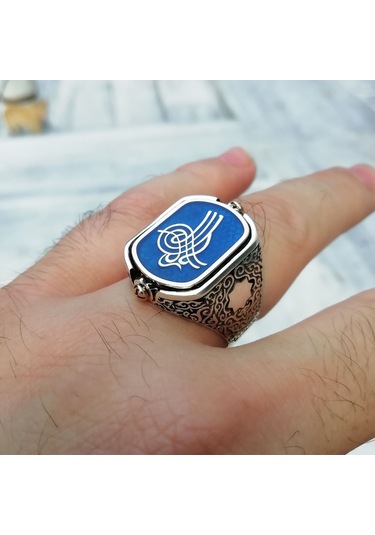 Fkgümüş Osmanlı Tuğrası İşlemeli Siyah Taşlı Çift Taraflı Erkek Yüzük