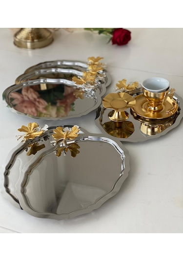 Paslanmaz Çelik Kelebek Aksesuarlı Oval Model 6 Adet Sunum Tepsisi Gümüş