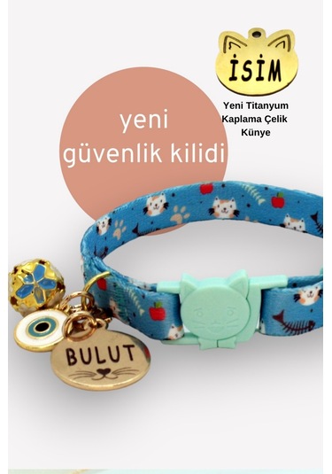 Caramelos Güvenlik Kilitli Kedi Tasması İsimli Kedi Tasması Mavi