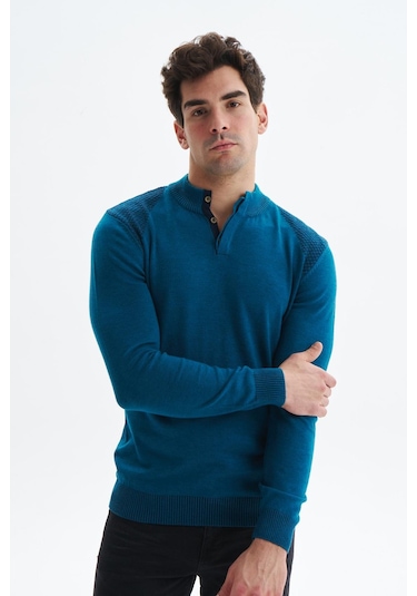 Arma Erkek Slim Fit Likralı Akrilik Kumaş Yarım Yaka Triko Kazak K0kro0864 Mavi