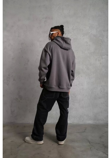 Erkek Düz Kapüşonlu Sweat - Gri Gri