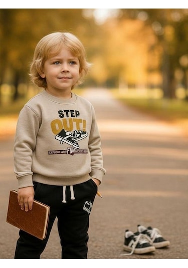 Zekids Erkek Çocuk Pamuklu Step Out Baskılı Eşofman Takımı-16348 Taş