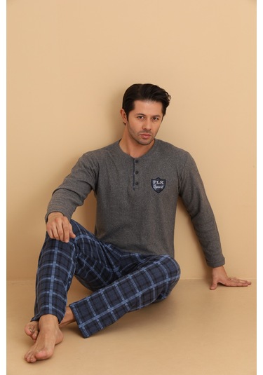 Flkn 7015 İnterlok Kışlık Ekose Pijamalı Erkek Pijama Takımı Füme