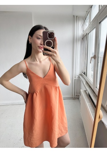 Retrobird Tasarım June Askılı Mini Elbise Kadın Turuncu-13902 Turuncu