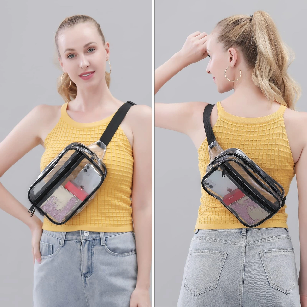 Yuntech01 Siyah Şeffaf Pvc Spor Bel Çantası - Stadyum Onaylı, Su Geçirmez, Ayarlanabilir Kemer, Outdoor Etkinlikler İçin Çabuk Erişimli Depolama Siyah