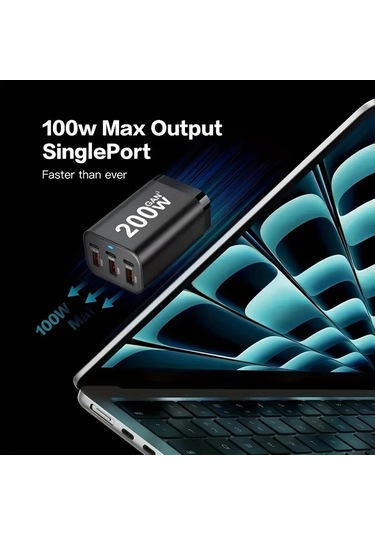 Topshop1 Siyah Yms-618 200w Gan Iıı 6 Portlu Usb C Şarj Aleti Qc3 1 Pd 100w Dizüstü Şarj Adaptörü Macbook İphone Uyumlu Galaxy Uyumlu S24 S23 S22 İçin
