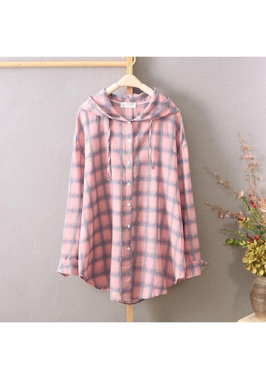 Pembe Güneş Koruyucu Gömlekler Kadın Kapşonlu Ekose Uzun Kollu Bol Üstler İnce Paltolar Hırkalar Pembe Pembe Güneş Koruyucu Gömlekler Kadın Kapşonlu Ekose Uzun Kollu Bol Üstler İnce Paltolar Hırkalar Pembe