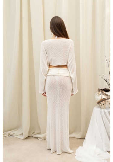 Mai Collection Naval Beyaz Crop Etek Triko Takım
