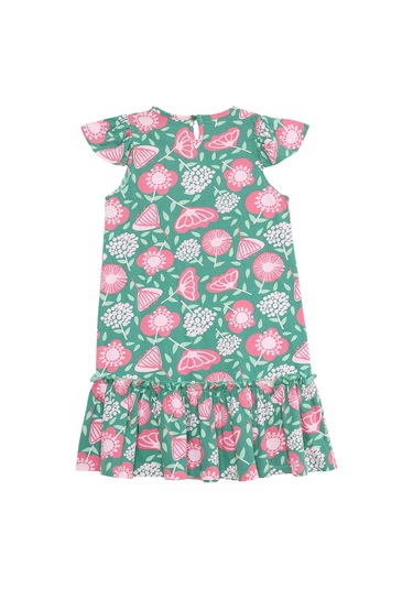 Denokids Pembe Çiçekli Kız Çocuk Yeşil Fırfırlı Elbise Pembe