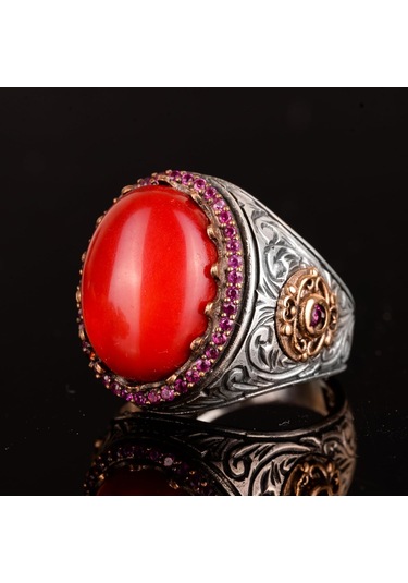 Gerçek Doğal Koral Taş Yüzük, 925 Ayar Gümüş Yüzük, Oval Kırmızı Koral Yüzük Gümüş