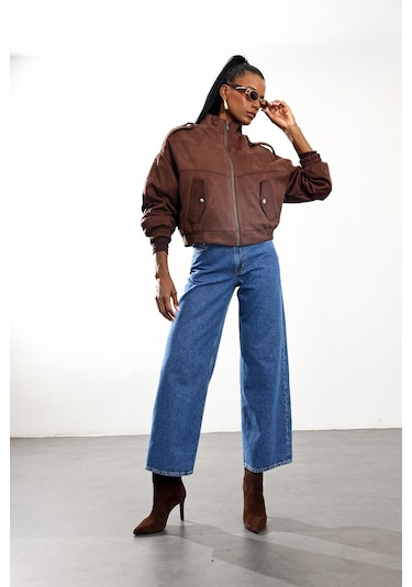 Kahverengi Süet Bomber Ceket D99806 Kahverengi