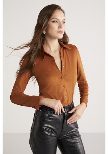 Ethıquet Peyton Kadın Slim Fit Dar Kesim Suni Süet Klasik Örme Taba Gömlek