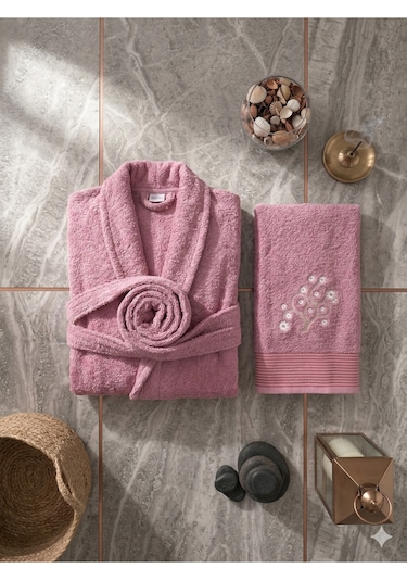 Premium 2'li Aile Bornoz Seti Çeyizlik Pamuklu Hediyelik Banyo Takımı L/xl Mürdüm