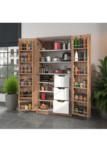 165 Derece Açılabilir 2 Kapaklı, 3 Çekmeceli, Kavanoz Raflı Kiler Ve Erzak Mutfak Dolabı Atlantik Çam