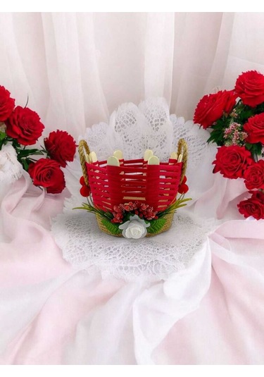 Çok Amaçlı Sepet Hasır El Yapımı Organizer Takı Kutusu Komodin Makyaj Banyo Kırmızı