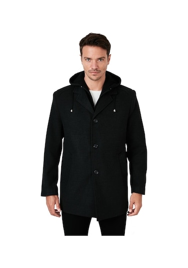 Buratti Çıkarılabilir Kapüşonlu Kırçıllı Slim Fit Kaşe Erkek Kaban 5841013 Füme