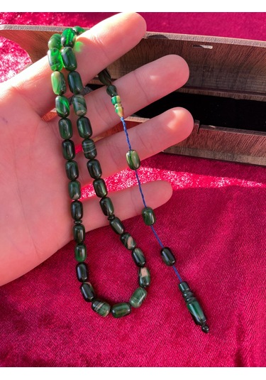 Özel Kutulu Dalgalı Yeşil Ateş Kehribar Model Püsküllü Tesbih