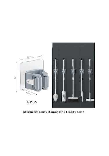 3b Trend 4 Adet Süpürge Mop Tutucu Duvar Kendinden Yapışkanlı Duvar Delme Gerektirmez Gri