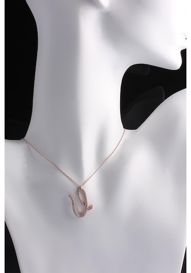 Omar Silver Kadın Büyük Boy U Harf Kolye Zirkon Taşlı Rose Gümüş