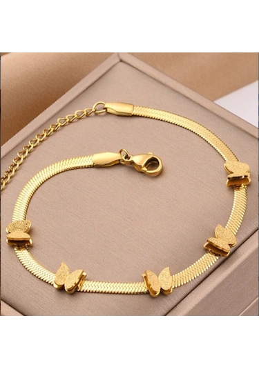 Altın Renk Zarif Ve Şık Tasarım Ezme Italyan Zincirli Kelebek Stil Çelik Bileklik Gold