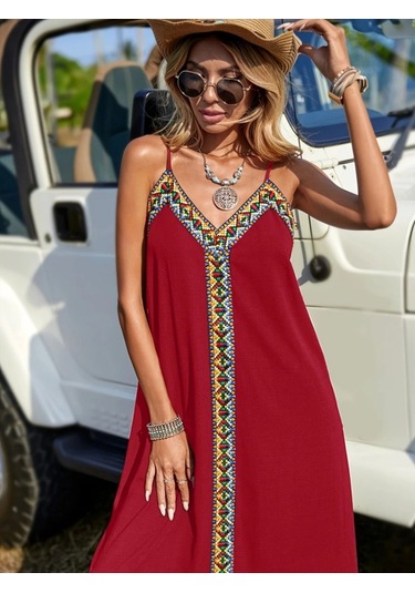 Kadın Askılı V Yakalı Etnik Şerit Detaylı Uzun Viskon Elbise Kırmızı