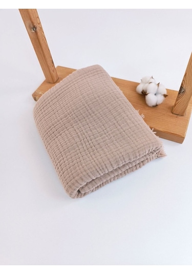 4 Kat Müslin Mint Yeşil Saçaklı Bebek Battaniyesi 100x120 Cm- %100 Pamuklu & Çok Amaçlı Battaniye Sütlü Kahve