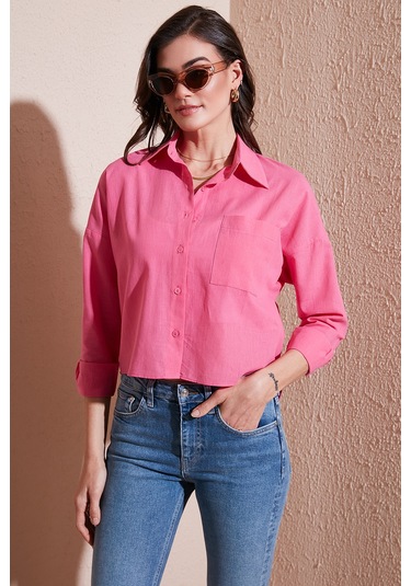 Lela Pamuk Ve Keten Karışımlı Regular Fit Önü Kısa Arkası Uzun Bayan Gömlek 6772867 Fuşya