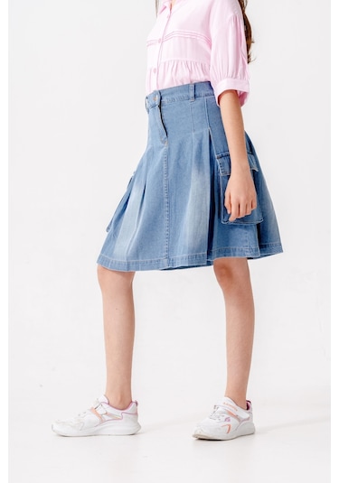 Kız Çocuk Pileli Körük Cepli Kot Etek 2604 Mavi